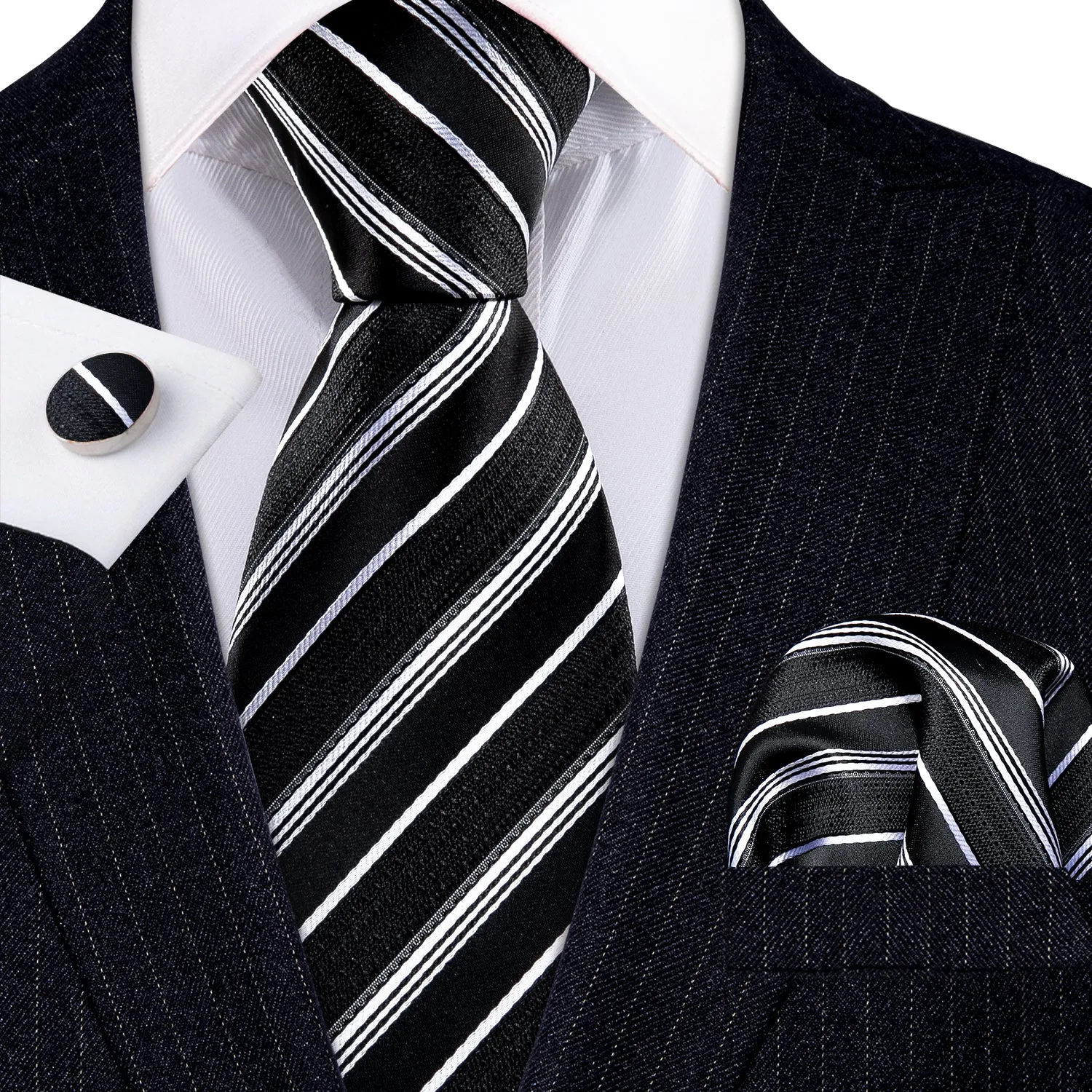Barry. Wang Tie Black White Striped Silk Tie Hanky Cufflinks Set sold by Barrywang product image thumbnail 3
