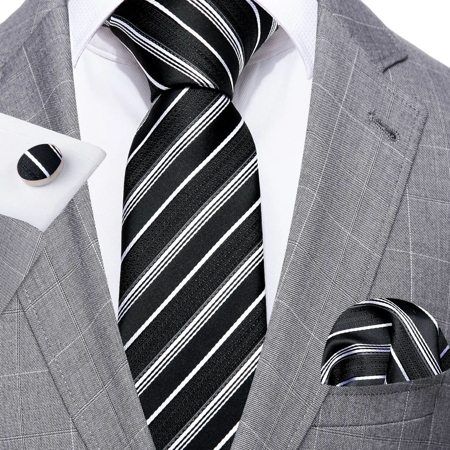 Barry. Wang Tie Black White Striped Silk Tie Hanky Cufflinks Set sold by Barrywang product image thumbnail 2