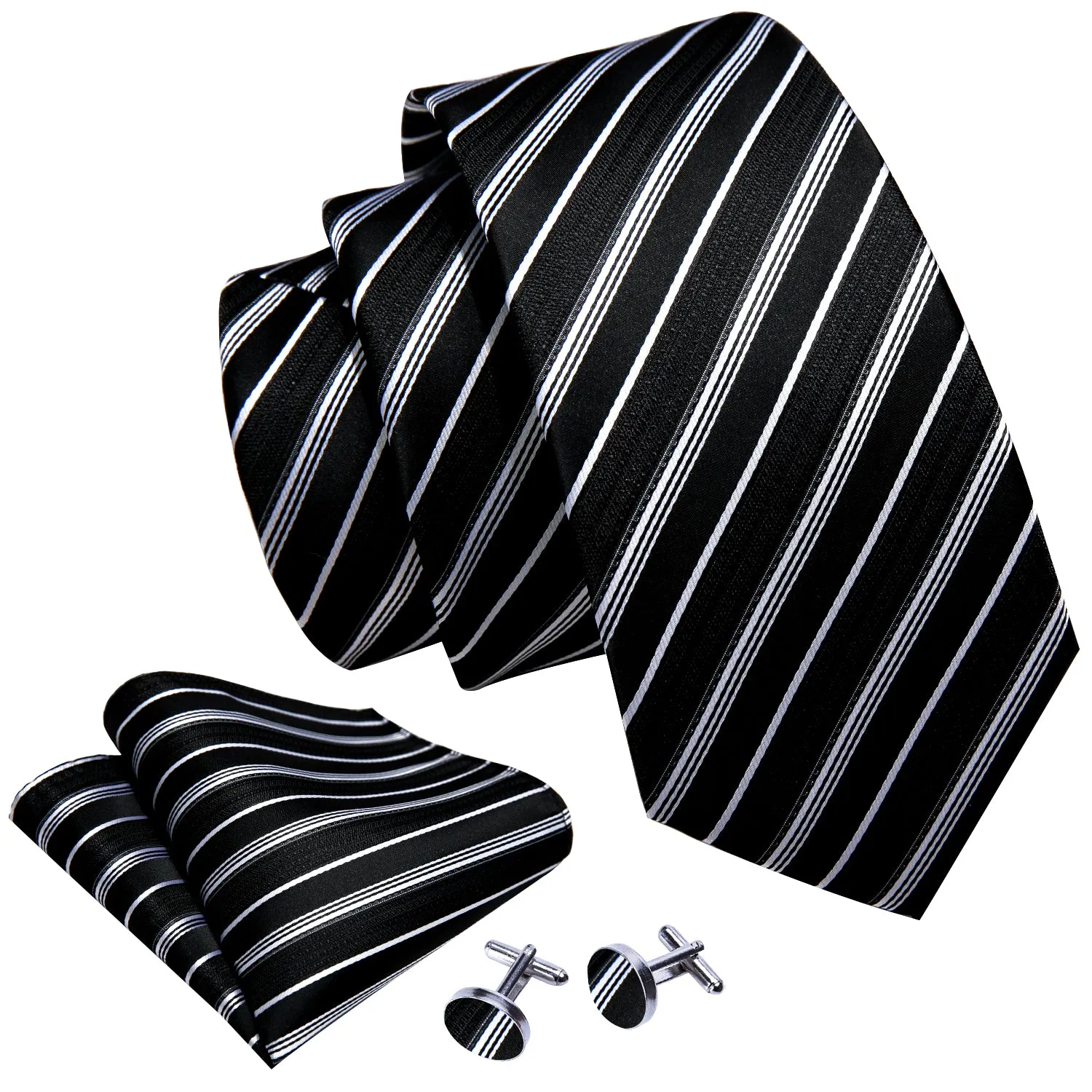 Barry. Wang Tie Black White Striped Silk Tie Hanky Cufflinks Set sold by Barrywang product image thumbnail 5