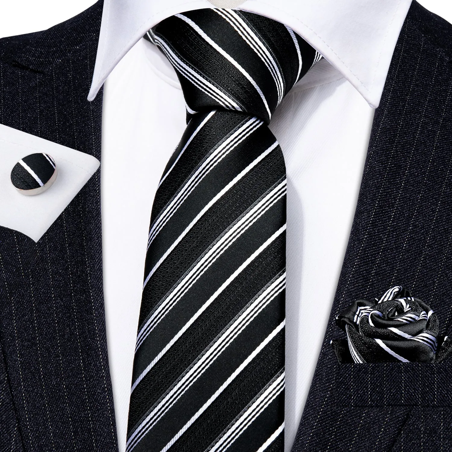Barry. Wang Tie Black White Striped Silk Tie Hanky Cufflinks Set sold by Barrywang product image thumbnail 4