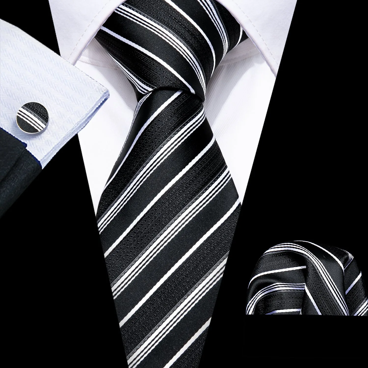 Barry. Wang Tie Black White Striped Silk Tie Hanky Cufflinks Set sold by Barrywang