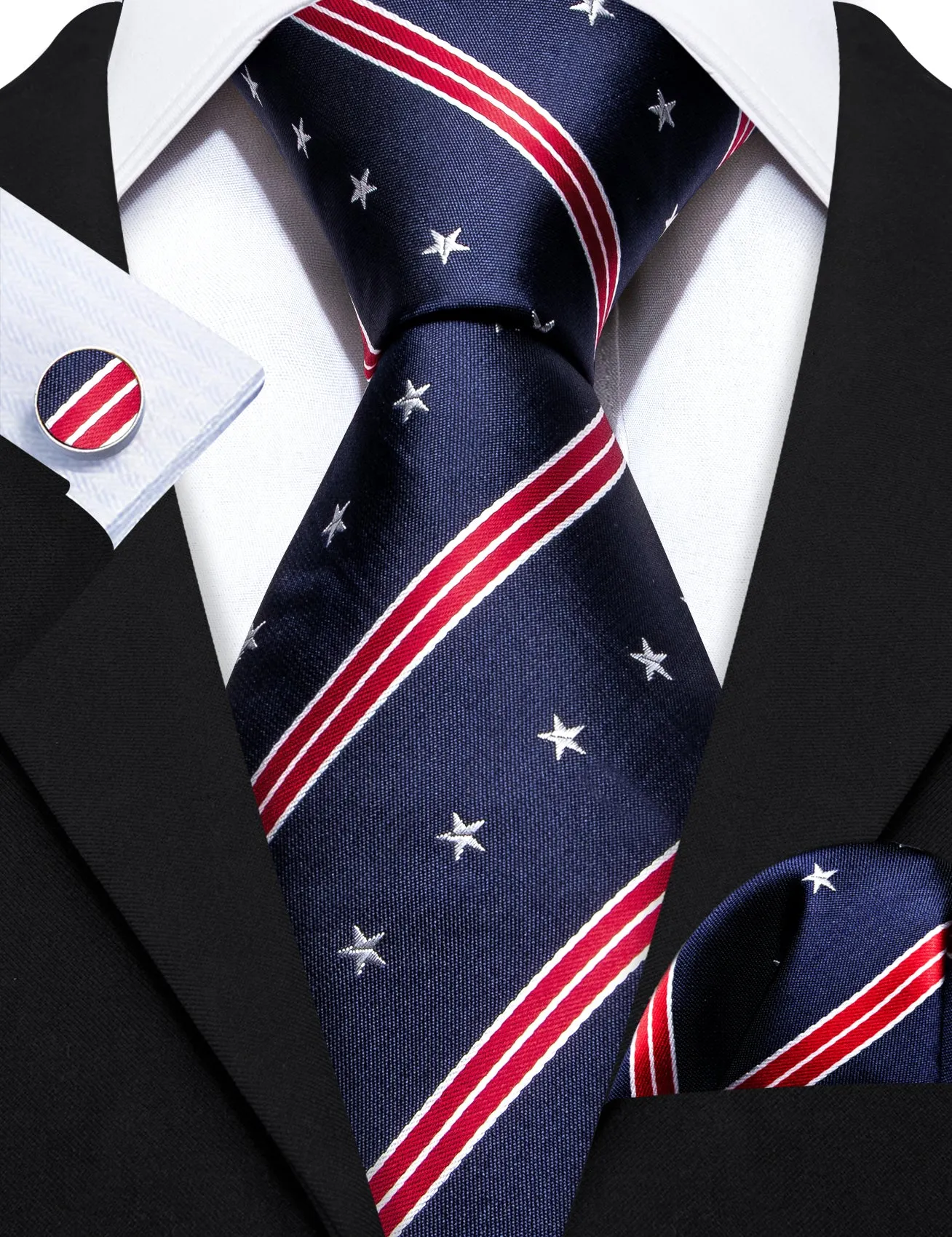 Barry. Wang Dark Blue Tie Red Star Stripe Men's Independence Day Necktie Hanky Cufflinks Set sold by Barrywang product image thumbnail 3