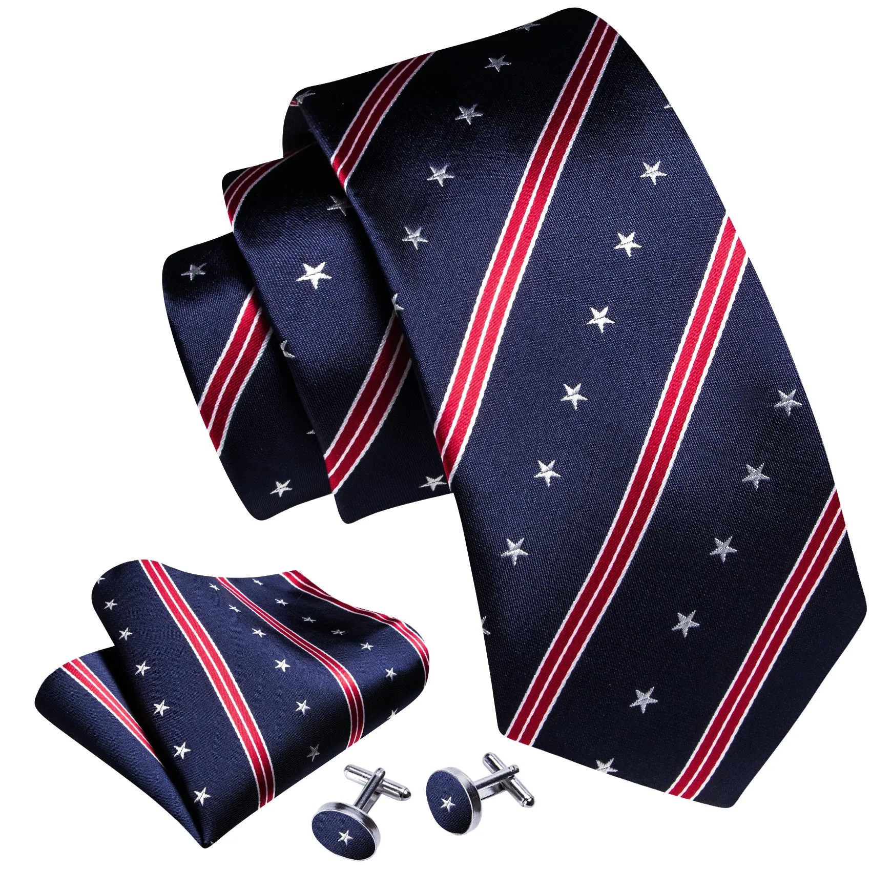Barry. Wang Dark Blue Tie Red Star Stripe Men's Independence Day Necktie Hanky Cufflinks Set sold by Barrywang product image thumbnail 2
