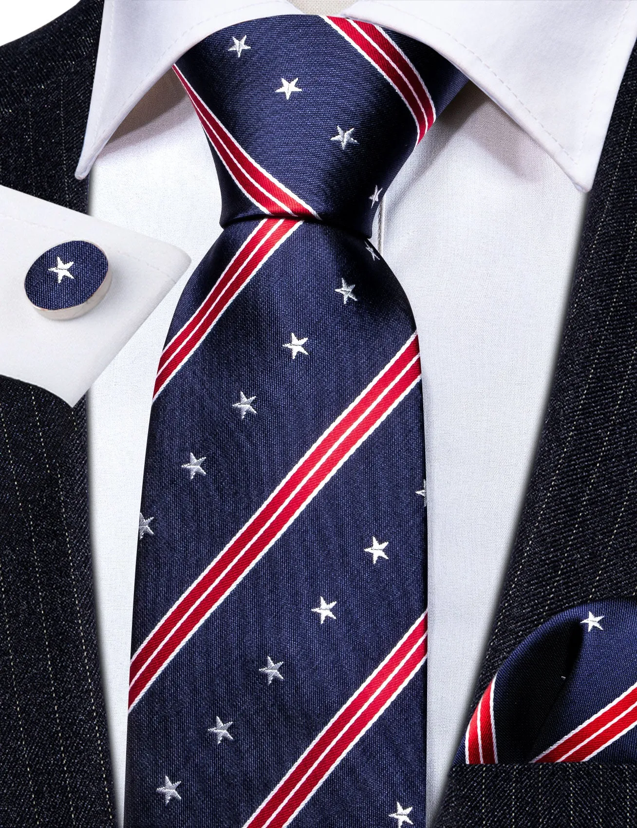 Barry. Wang Dark Blue Tie Red Star Stripe Men's Independence Day Necktie Hanky Cufflinks Set sold by Barrywang product image thumbnail 5