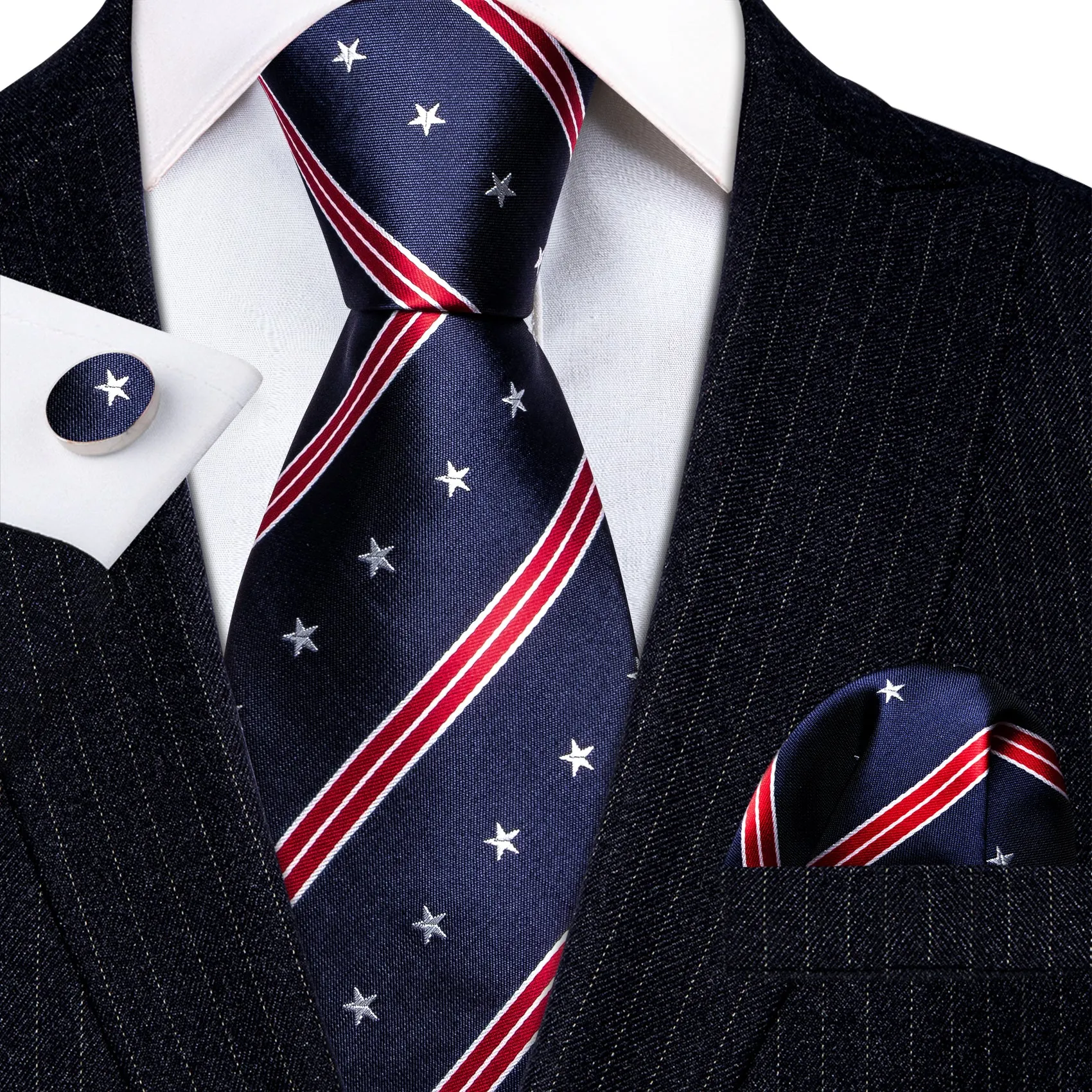 Barry. Wang Dark Blue Tie Red Star Stripe Men's Independence Day Necktie Hanky Cufflinks Set sold by Barrywang product image thumbnail 4
