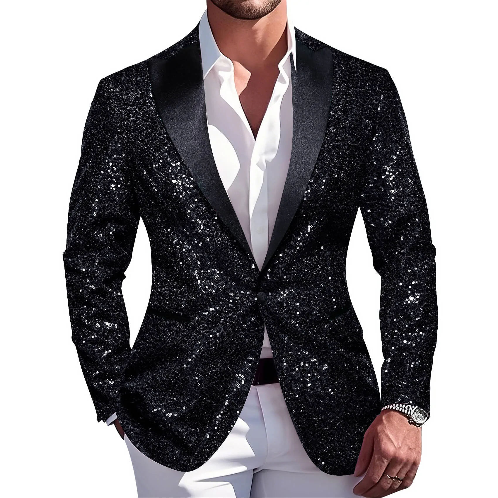 Barry. Wang Mens Black Shining Sequin Suit Blazer Wedding Party Prom Tailcoat sold by Barrywang product image thumbnail 2
