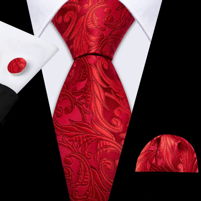 Barry. Wang Red Floral Silk Wedding Necktie Handkerchief Cufflinks Set made by Barrywang