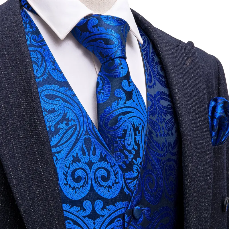 Barry.wang Men's Vest Blue Woven Paisley Silk Vest Necktie Pocket square Cufflinks sold by Barrywang