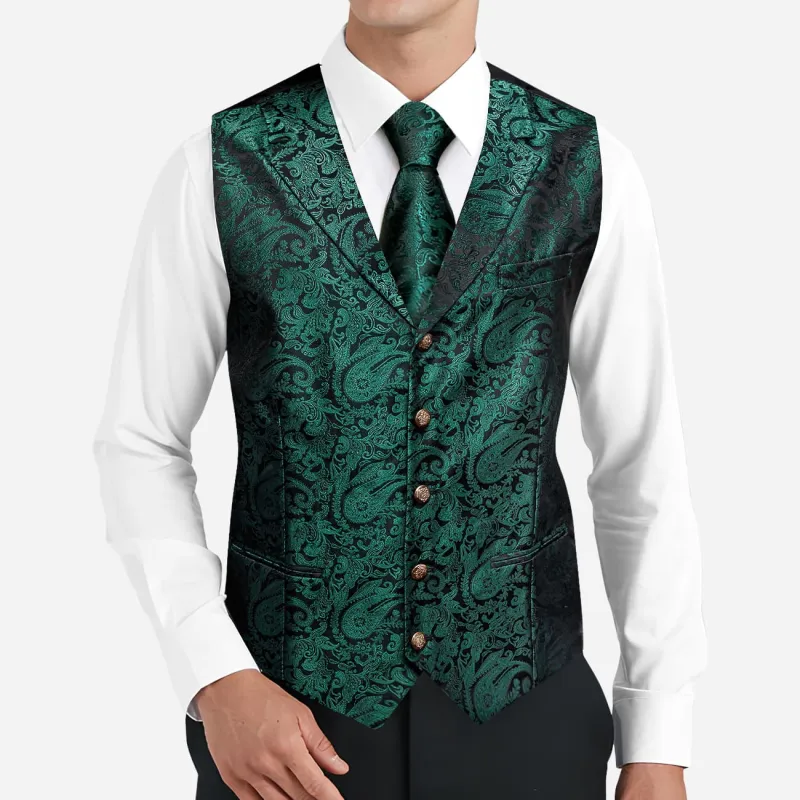 Barry.Wang Men's Notched Collar Vest Green Paisley Silk Vest Tie Hanky Cufflinks Set sold by Barrywang