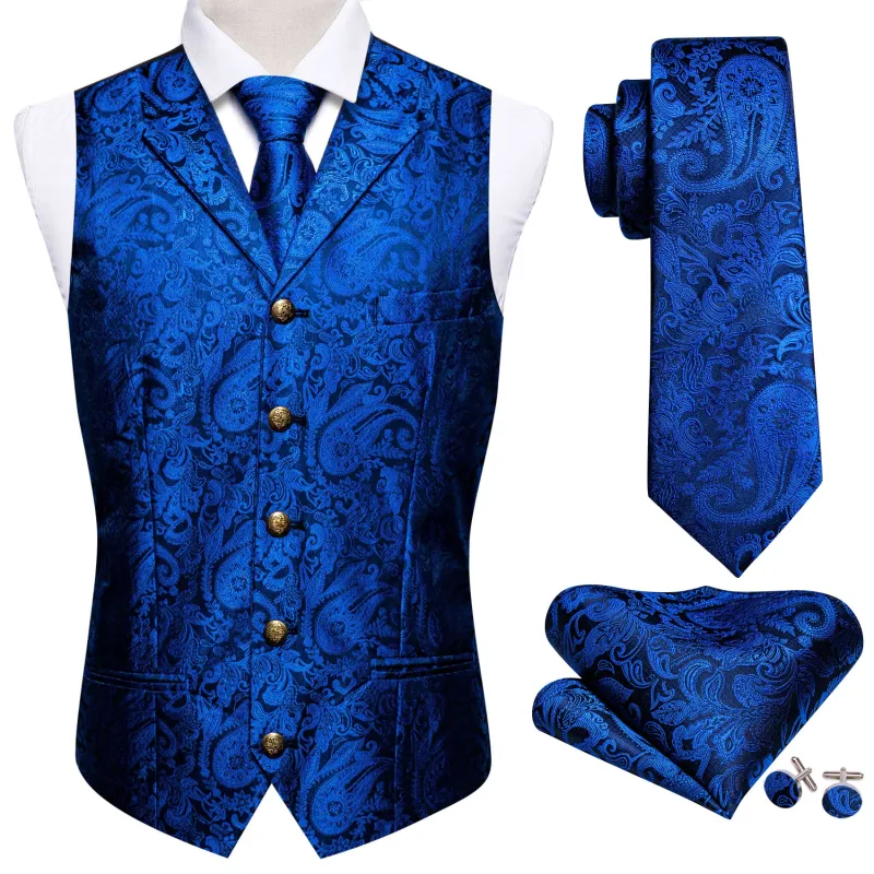 Bright Sapphire Blue Paisley Silk Notched Collar Vest Necktie Pocket Square Cufflinks Set sold by Barrywang