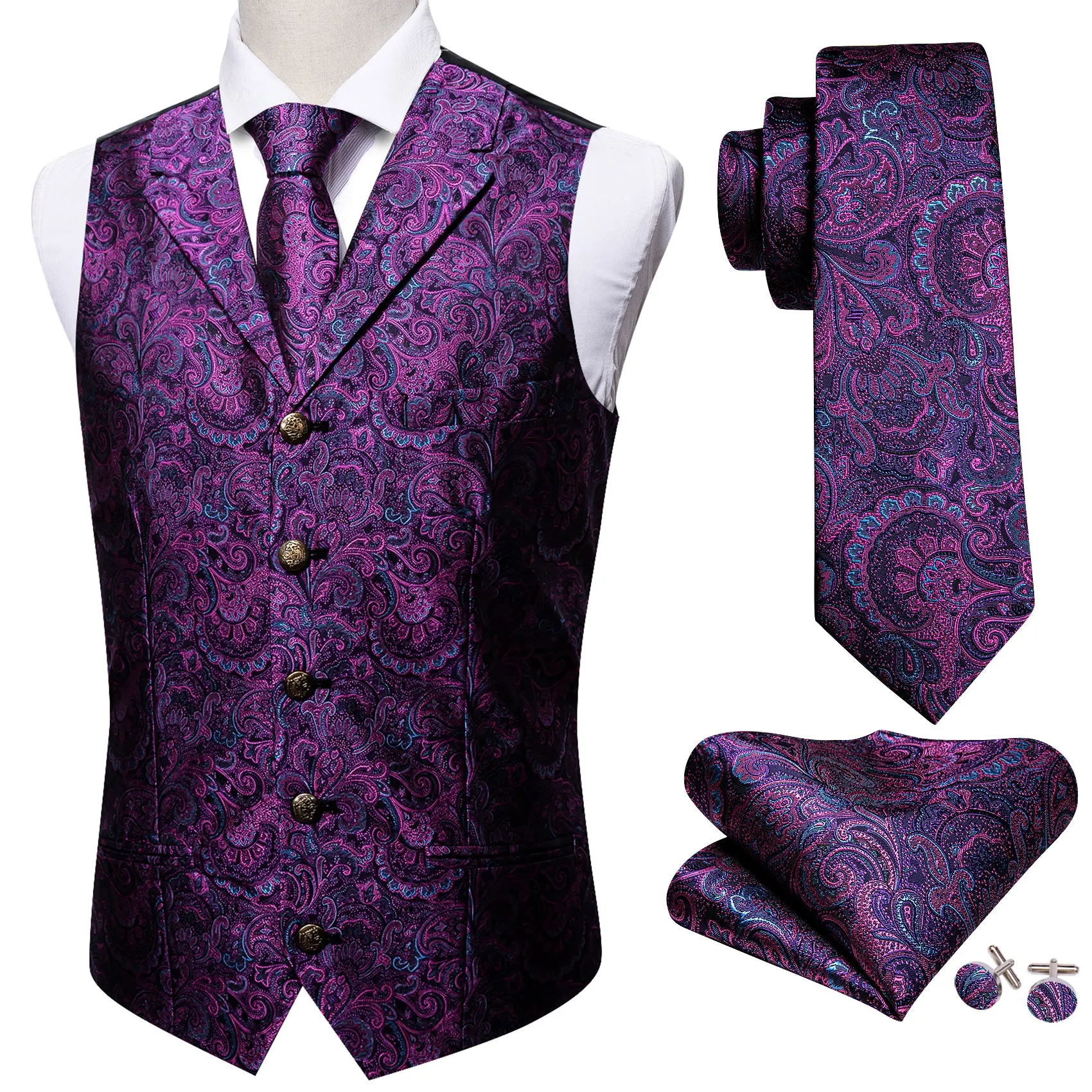 Barry. Wang Bright Purple Blue Silk Notched Collar Vest Tie Pocket Square Cufflink Set sold by Barrywang product image thumbnail 4