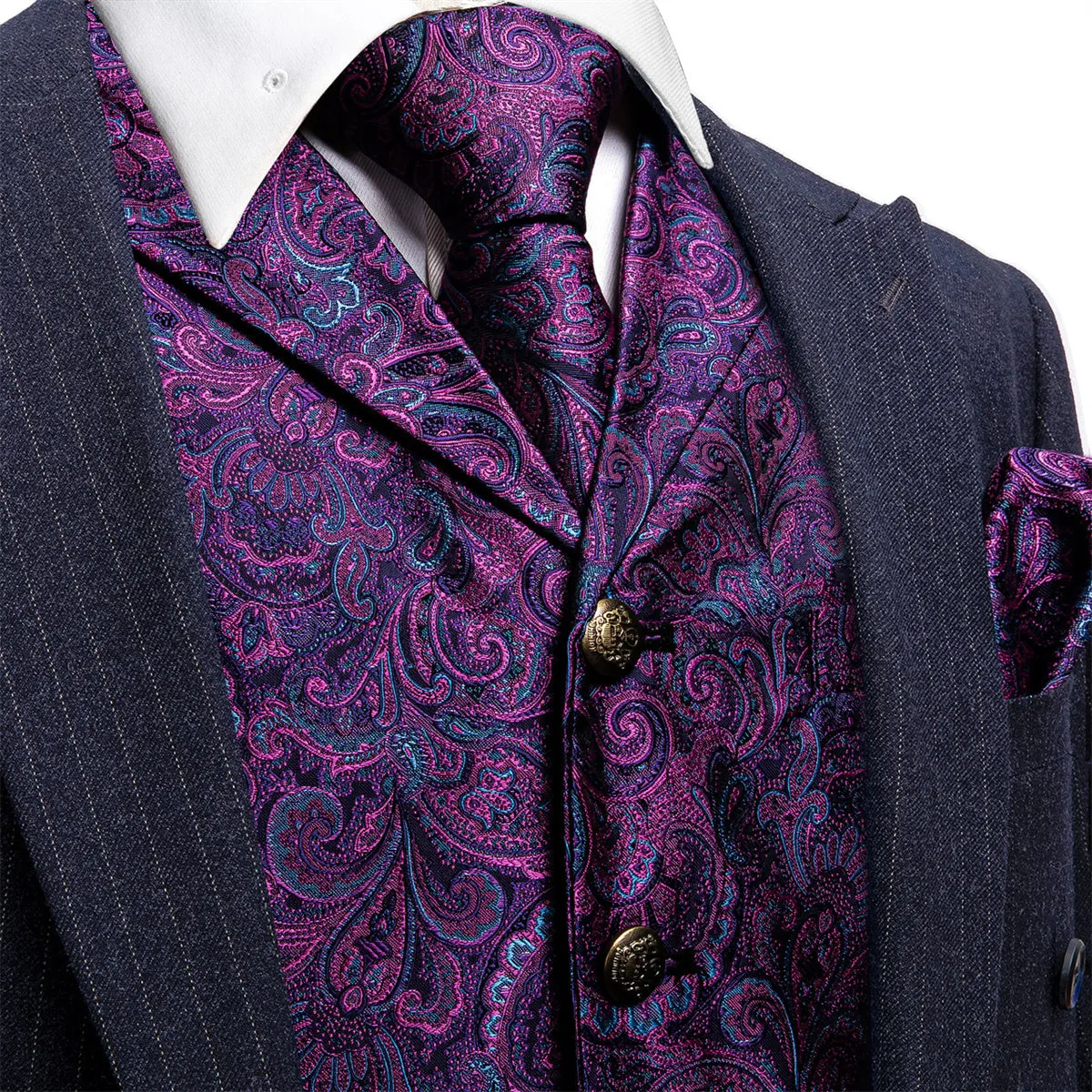 Barry. Wang Bright Purple Blue Silk Notched Collar Vest Tie Pocket Square Cufflink Set sold by Barrywang product image thumbnail 2