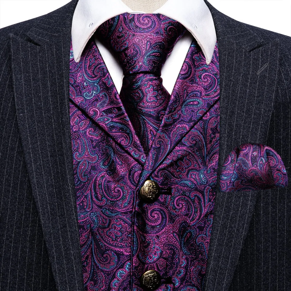 Barry. Wang Bright Purple Blue Silk Notched Collar Vest Tie Pocket Square Cufflink Set sold by Barrywang product image thumbnail 3