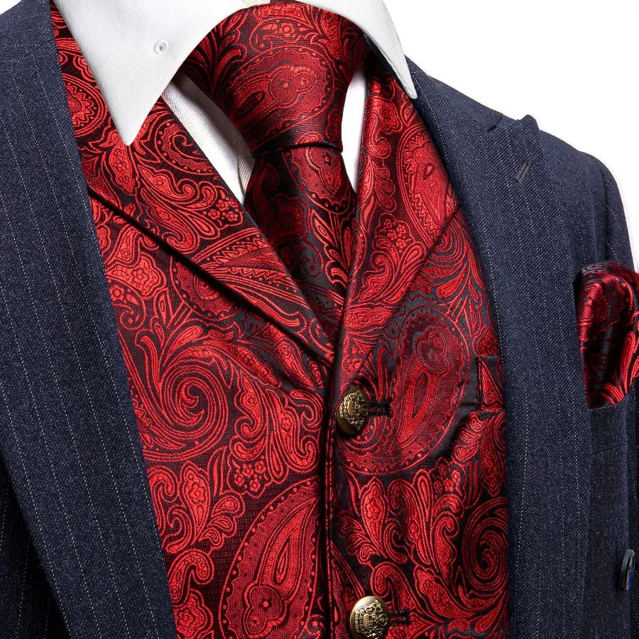 Barry. Wang Men's Vest Bright Red Paisley Silk Notched Collar Vest Necktie Pocket Square Cufflinks Set sold by Barrywang product image thumbnail 2