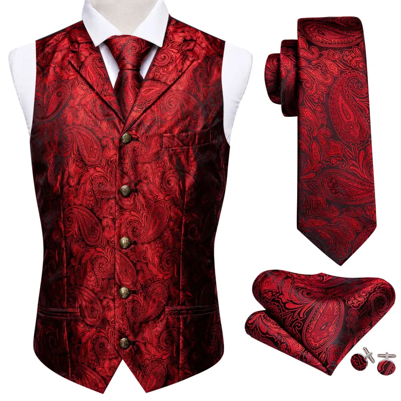 Barry. Wang Men's Vest Bright Red Paisley Silk Notched Collar Vest Necktie Pocket Square Cufflinks Set sold by Barrywang