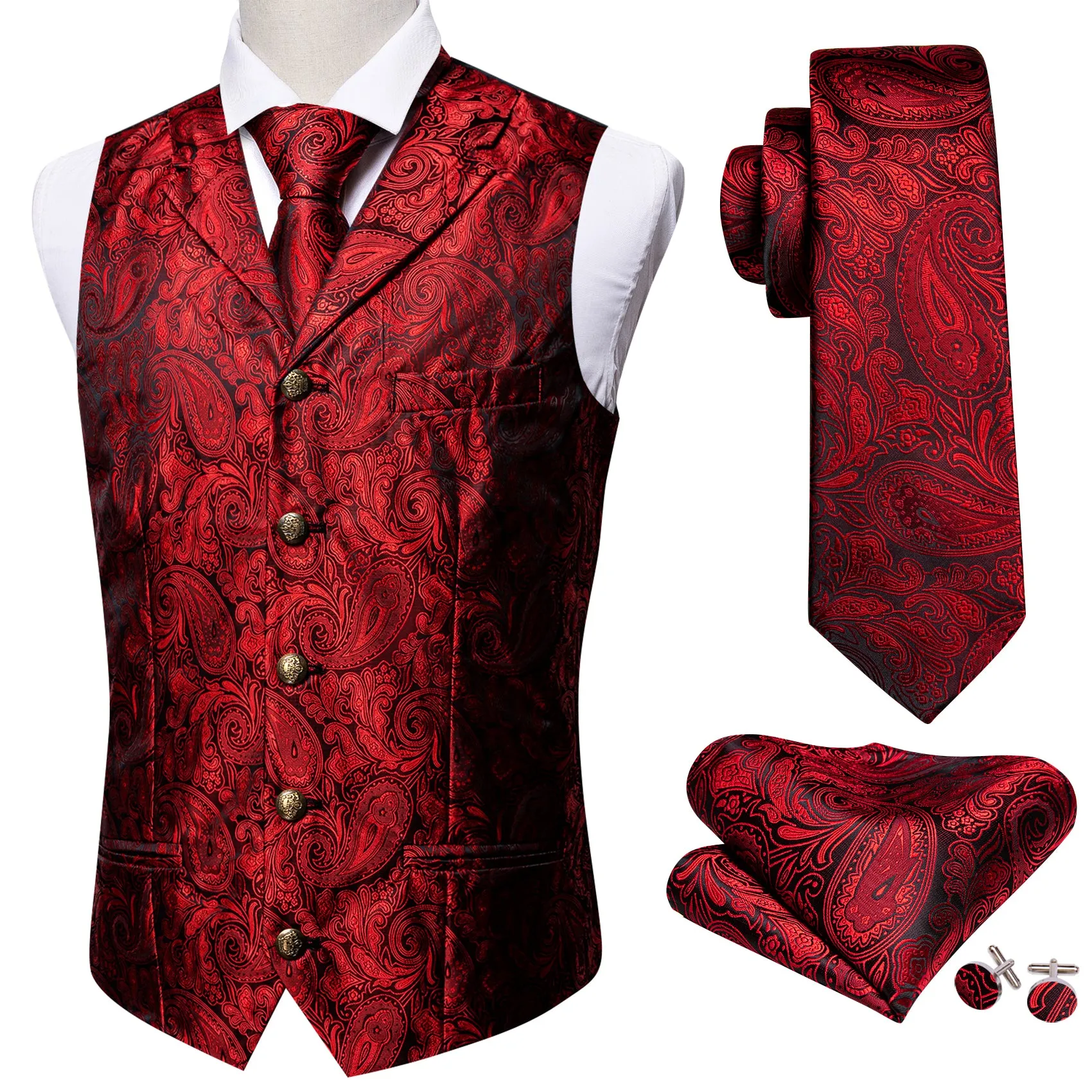 Barry. Wang Men's Vest Bright Red Paisley Silk Notched Collar Vest Necktie Pocket Square Cufflinks Set sold by Barrywang product image thumbnail 4
