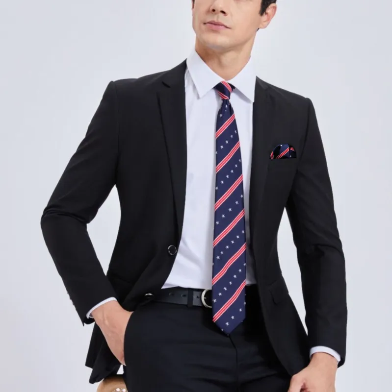 Barry Wang VIP Exclusive Dark Blue Tie Red Star Stripe Men's Independence Day Necktie Hanky Cufflinks Set sold by Barrywang