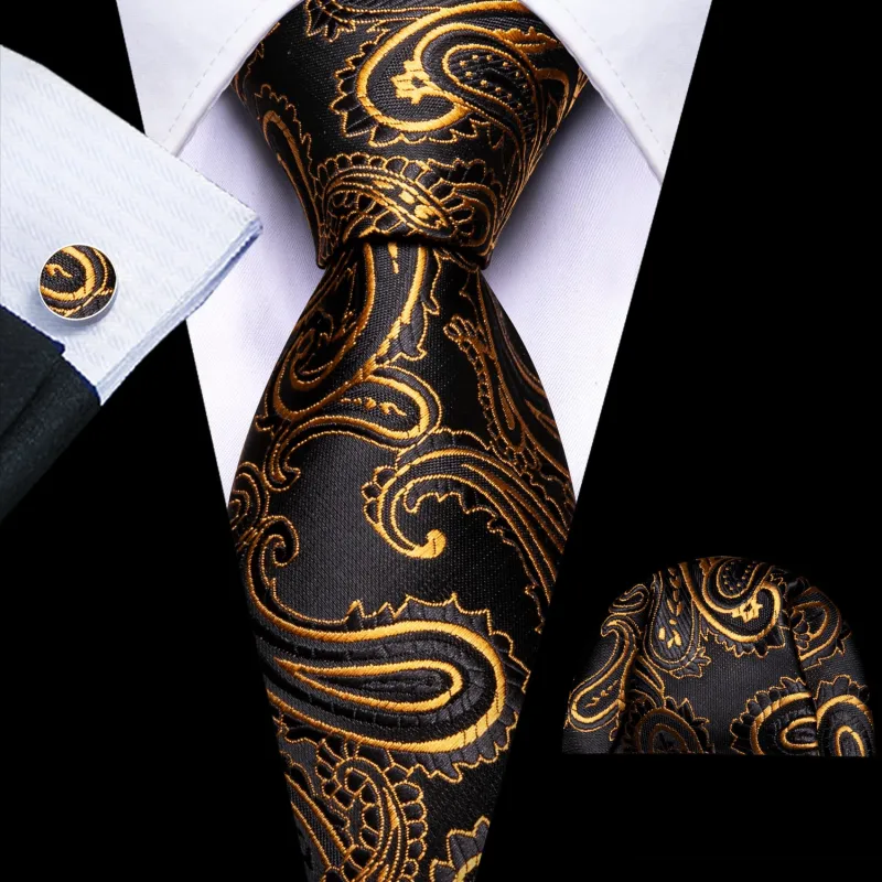 Barry Wang VIP Exclusive Black Tie Formal Gold Paisley Men's Wedding Necktie Set sold by Barrywang