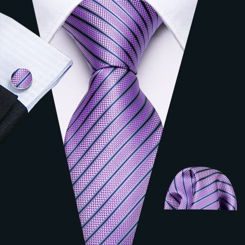 Barry Wang VIP Exclusive Light Purple Necktie Stripe Tie Pocket Square Cufflinks Set sold by Barrywang