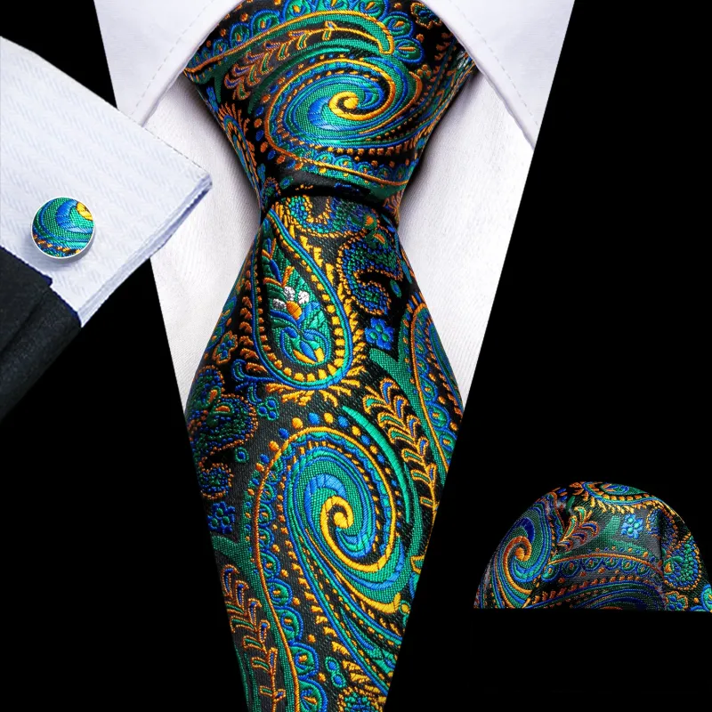 Barry Wang VIP Exclusive Green Yellow Paisley Silk Tie Handkerchief Cufflinks Set sold by Barrywang