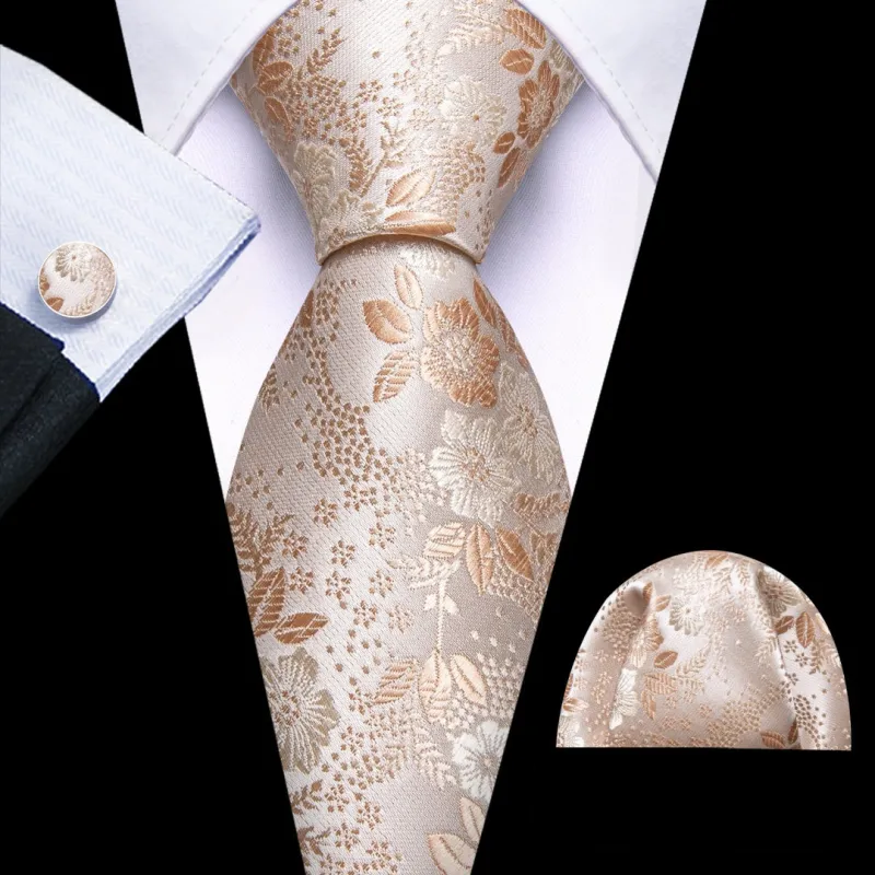 Barry Wang Champagne Floral Mens Ties Silk Necktie Pocket Square Cufflinks Set sold by Barrywang