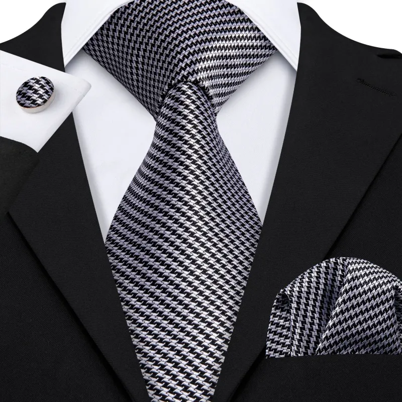 Barry Wang Houndstooth Tie Business Mens Necktie Handkerchief Cufflinks Set sold by Barrywang