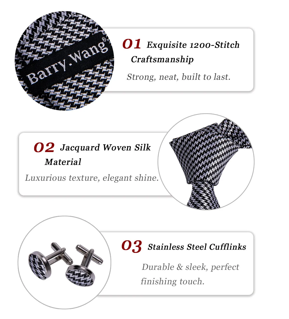 Barry Wang Houndstooth Tie Business Mens Necktie Handkerchief Cufflinks Set sold by Barrywang product image thumbnail 4