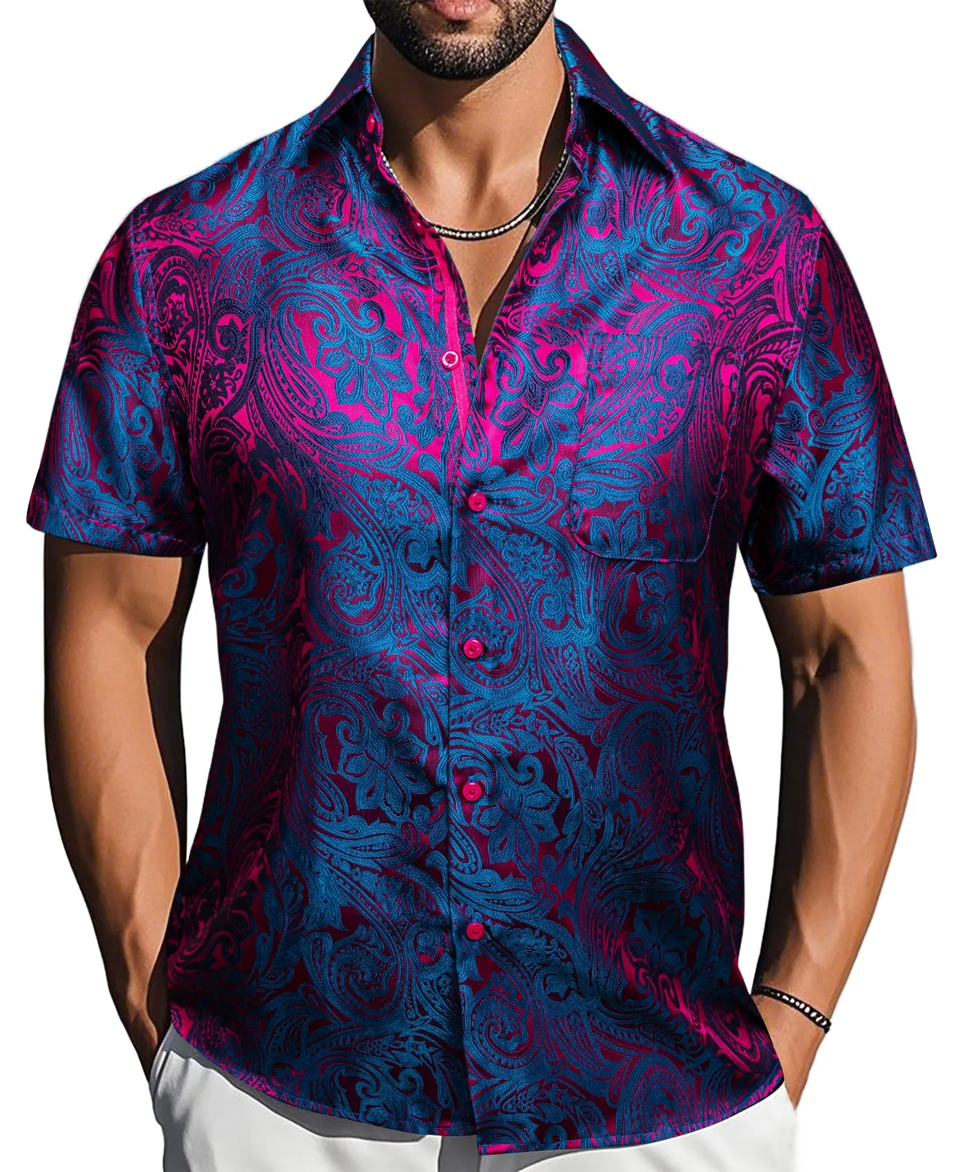 Barry. Wang Blue Purple Paisley Jacquard Short Sleeve Button Down Shirt for Men sold by Barrywang