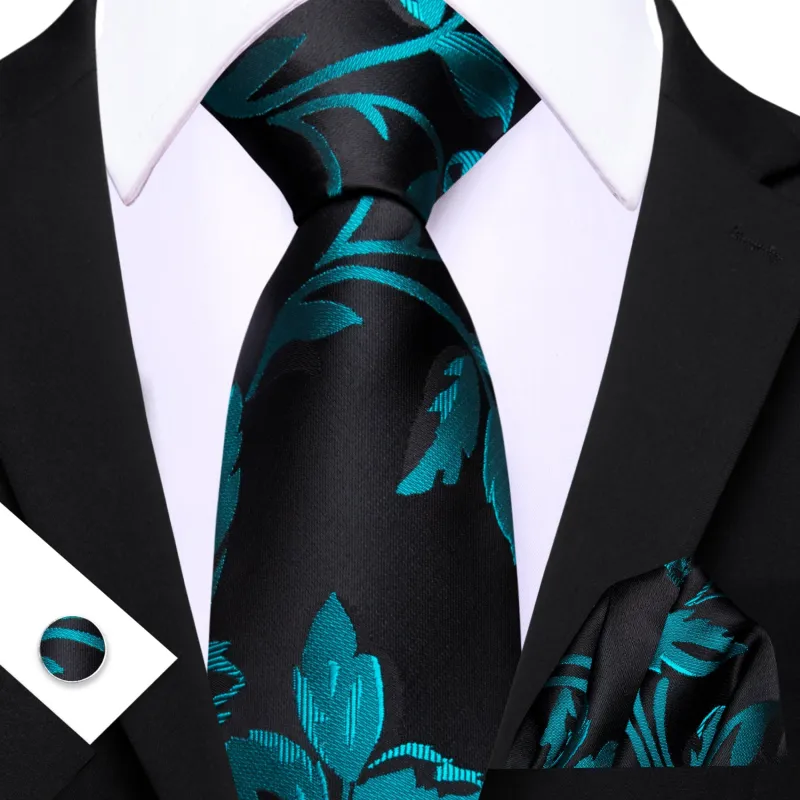 Barry. Wang Light Blue Leaf Floral Black Silk Men's Tie Handkerchief Cufflinks Set sold by Barrywang
