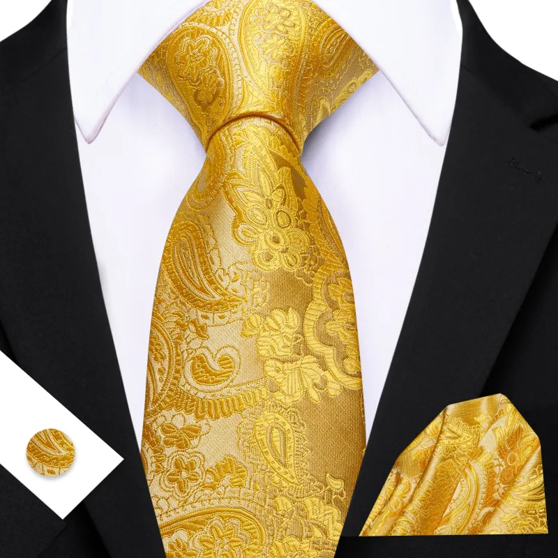 Barry. Wang Golden Yellow Paisley Silk Tie Pocket Square Cufflinks Set for Men sold by Barrywang