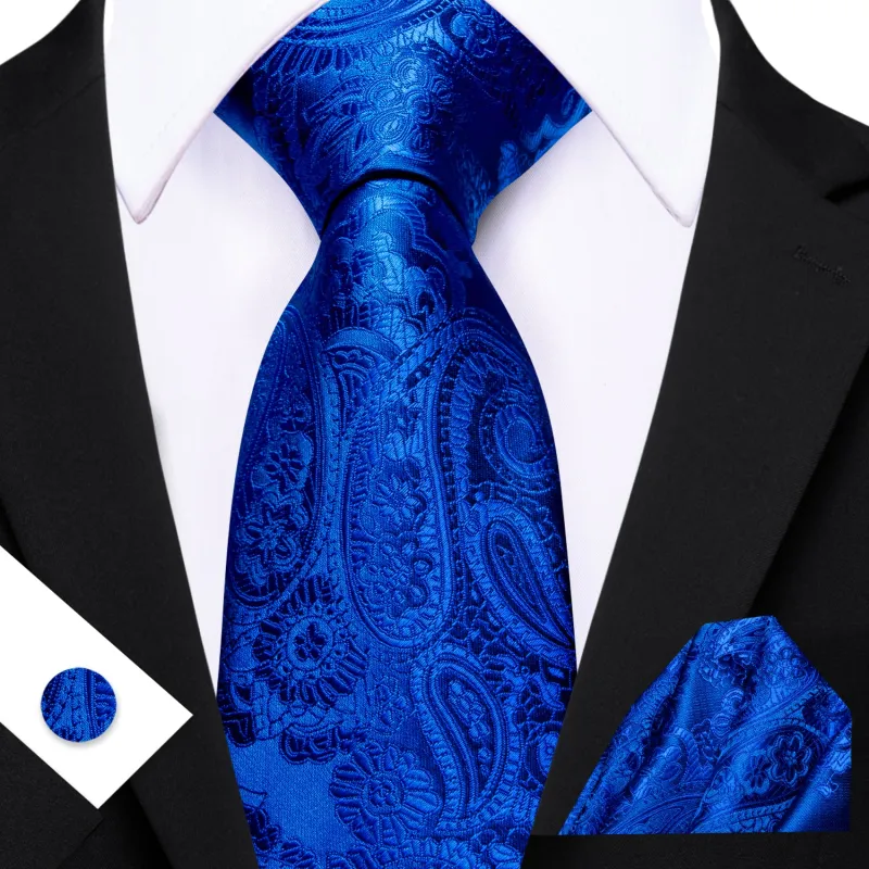 Barry. Wang Bright Blue Paisley Silk Tie Pocket Square Cufflinks Set for Men sold by Barrywang