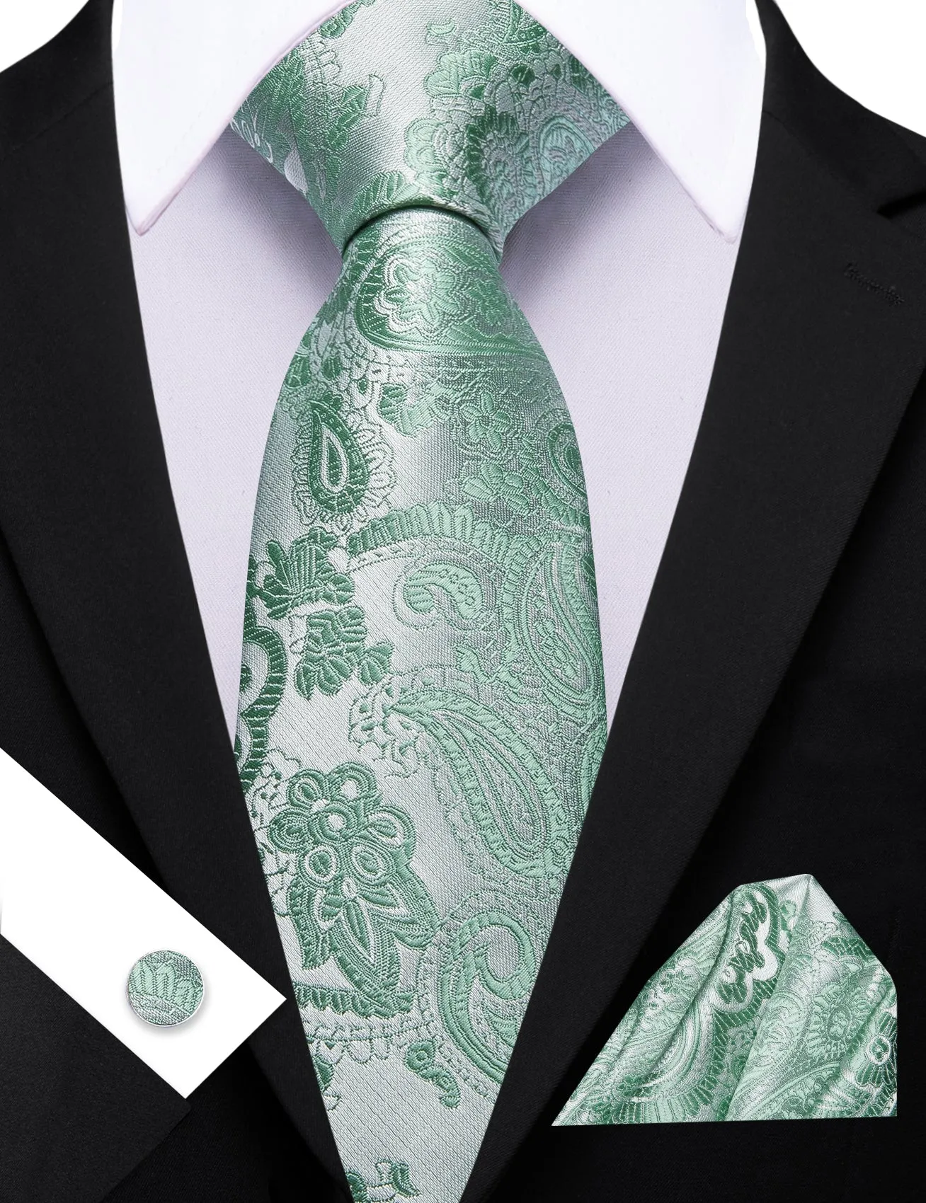 Barry. Wang Mint Green Paisley Silk Tie Pocket Square Cufflinks Set for Men sold by Barrywang product image thumbnail 2