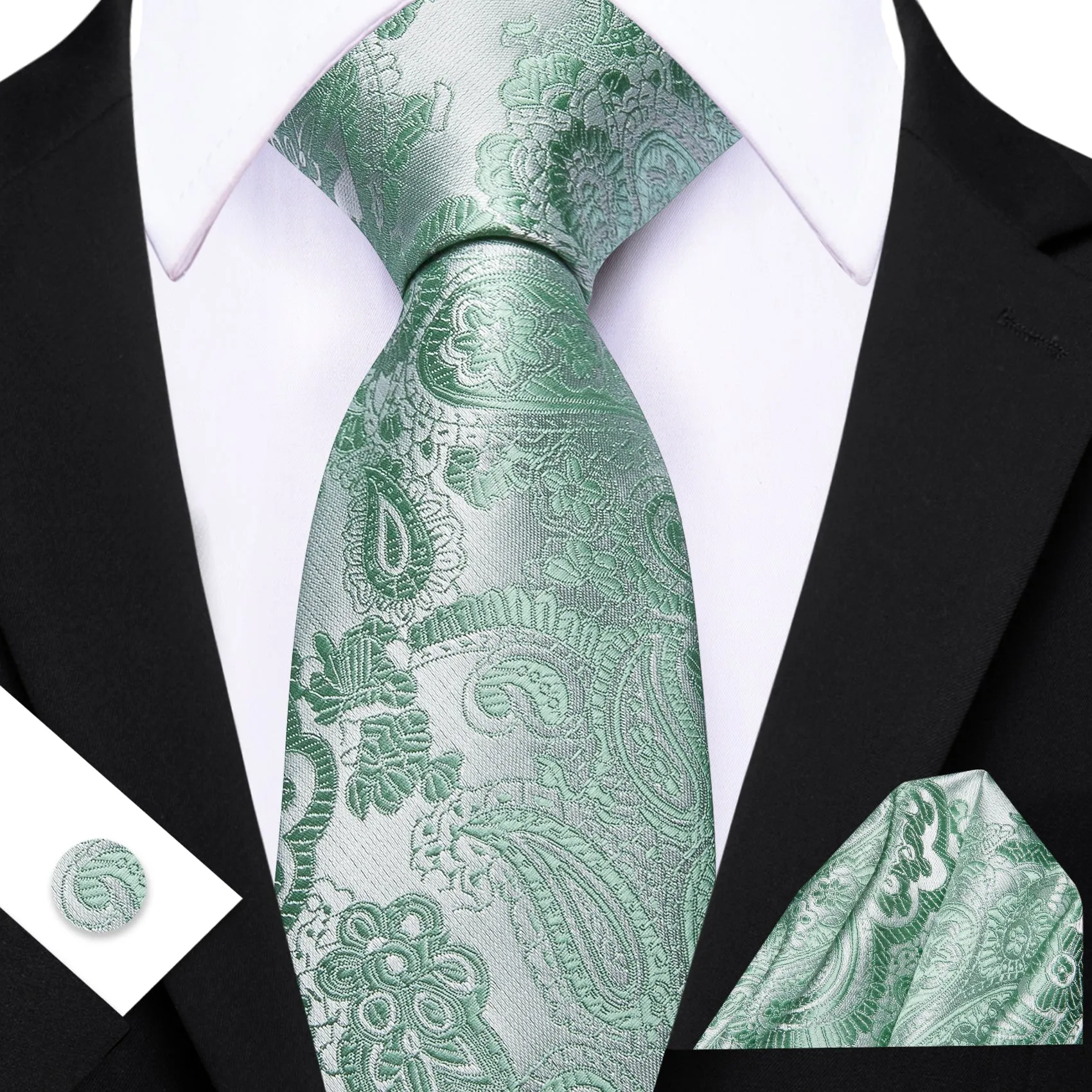 Barry. Wang Mint Green Paisley Silk Tie Pocket Square Cufflinks Set for Men sold by Barrywang