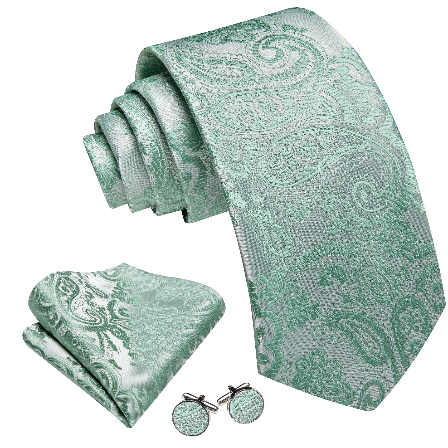 Barry. Wang Mint Green Paisley Silk Tie Pocket Square Cufflinks Set for Men sold by Barrywang product image thumbnail 3