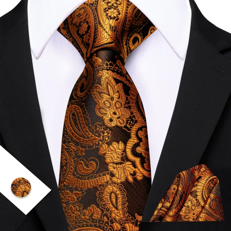 Barry. Wang Golden Black Paisley Tie Pocket Square Cufflinks Set Silk Mens Ties sold by Barrywang