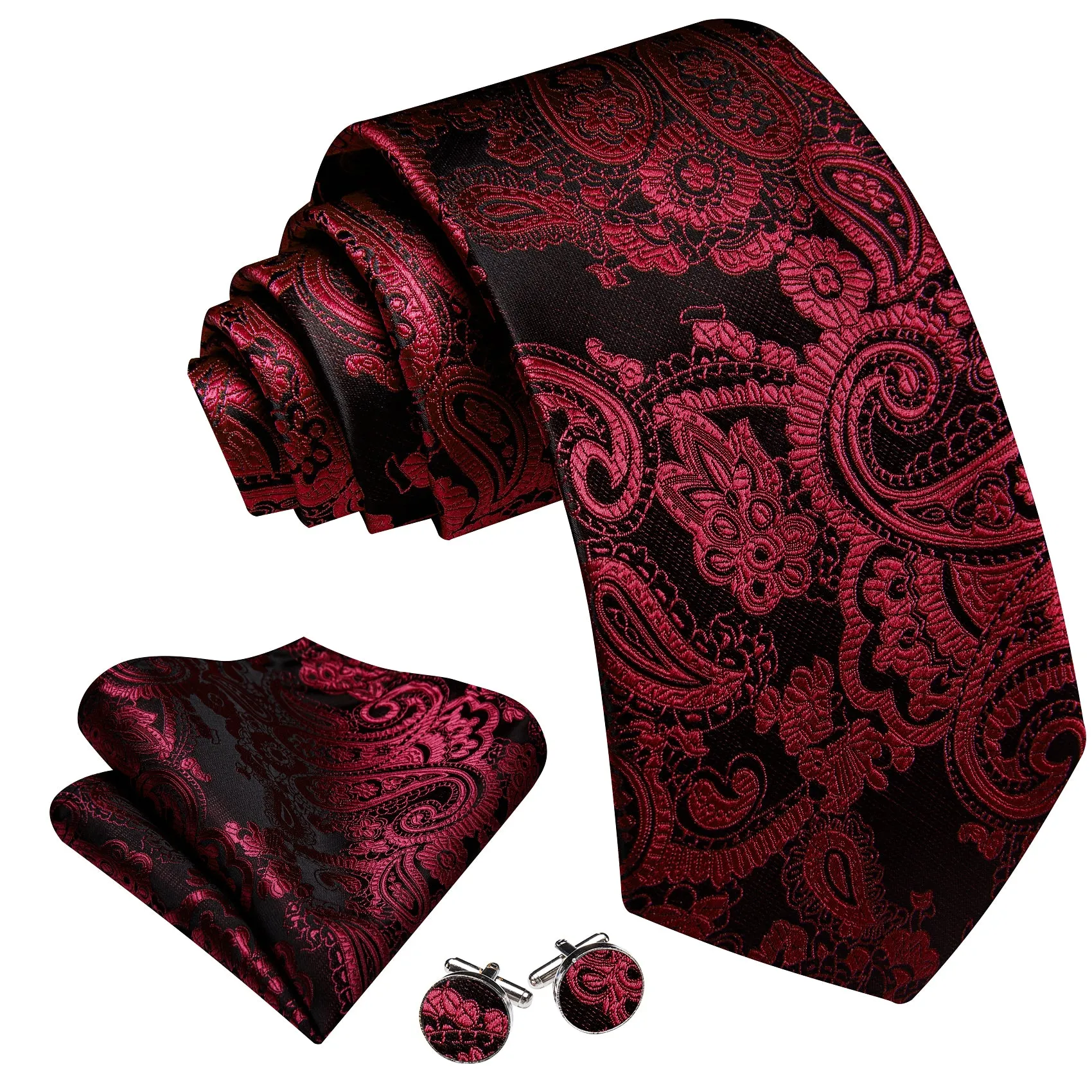 Barry. Wang Burgundy Black Paisley Tie Pocket Square Cufflinks Set Silk Mens Ties sold by Barrywang product image thumbnail 3