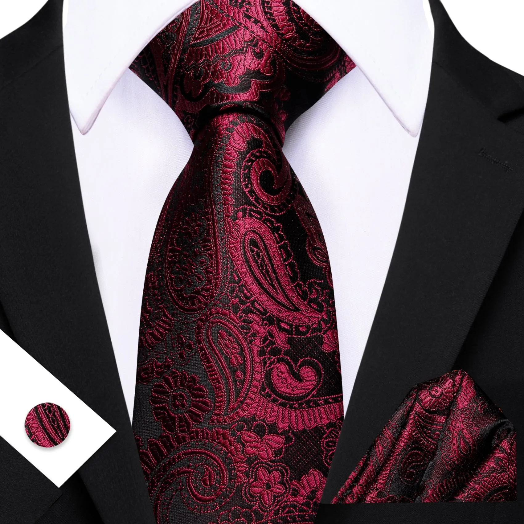 Barry. Wang Burgundy Black Paisley Tie Pocket Square Cufflinks Set Silk Mens Ties sold by Barrywang
