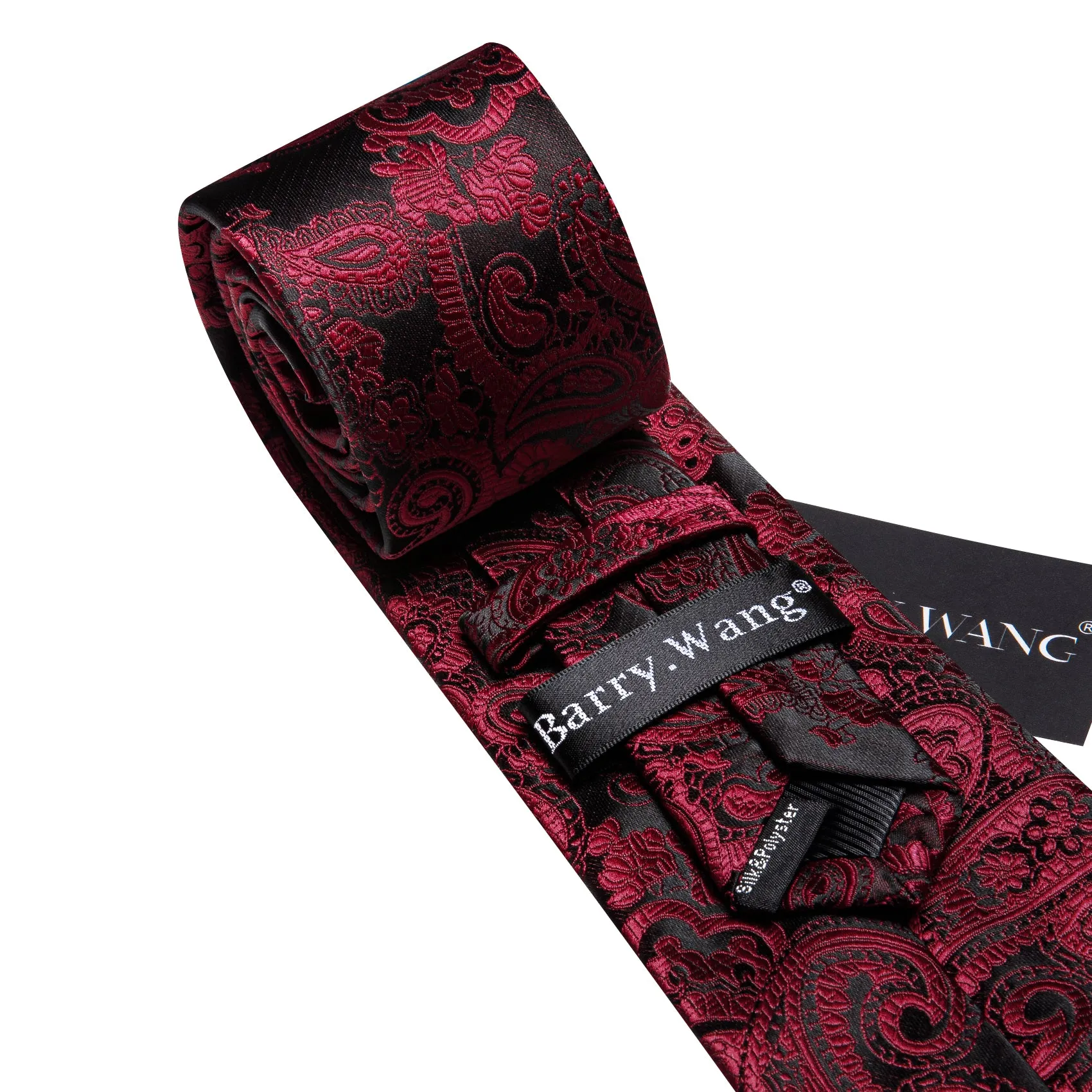 Barry. Wang Burgundy Black Paisley Tie Pocket Square Cufflinks Set Silk Mens Ties sold by Barrywang product image thumbnail 5