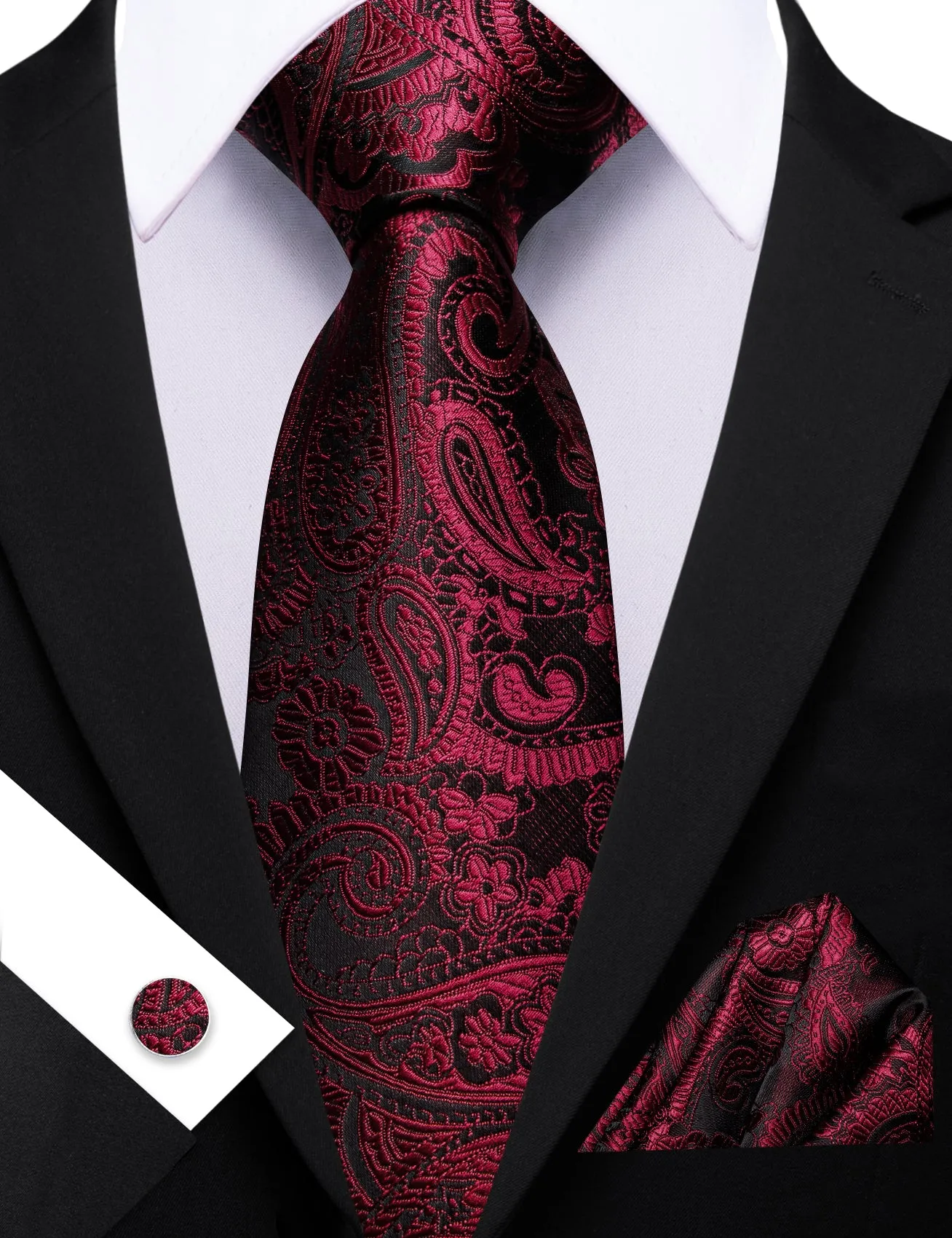 Barry. Wang Burgundy Black Paisley Tie Pocket Square Cufflinks Set Silk Mens Ties sold by Barrywang product image thumbnail 2
