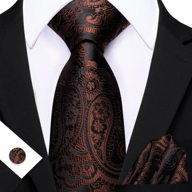 Barry. Wang Coffee Brown Paisley Tie Pocket Square Cufflinks Set Silk Mens Ties sold by Barrywang
