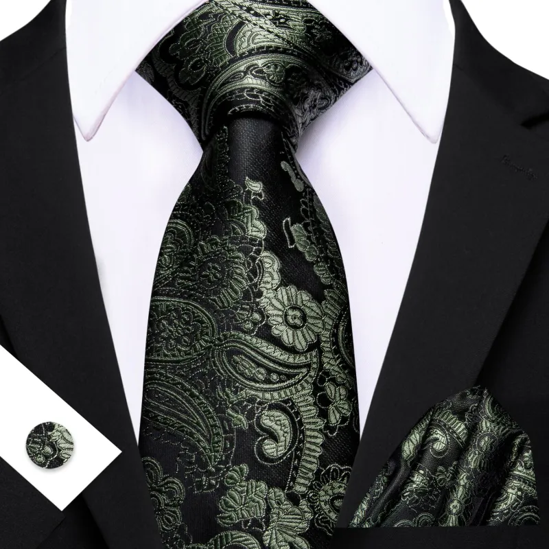 Barry. Wang Sage Green Paisley Tie Pocket Square Cufflinks Set Silk Mens Ties sold by Barrywang