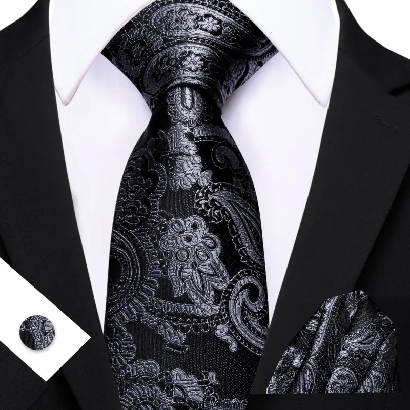 Barry. Wang Black Paisley Tie Pocket Square Cufflinks Set Silk Mens Ties sold by Barrywang