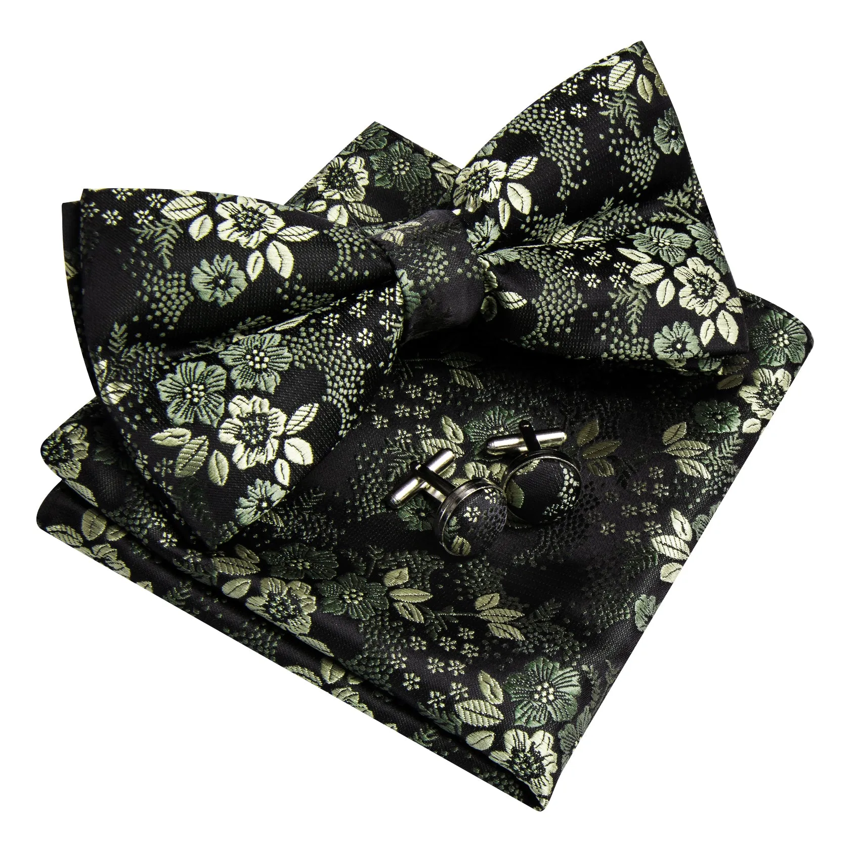 Barry. Wang Olive Greenish Floral Pre-tied Bow Tie Hanky Cufflinks Set sold by Barrywang product image thumbnail 5