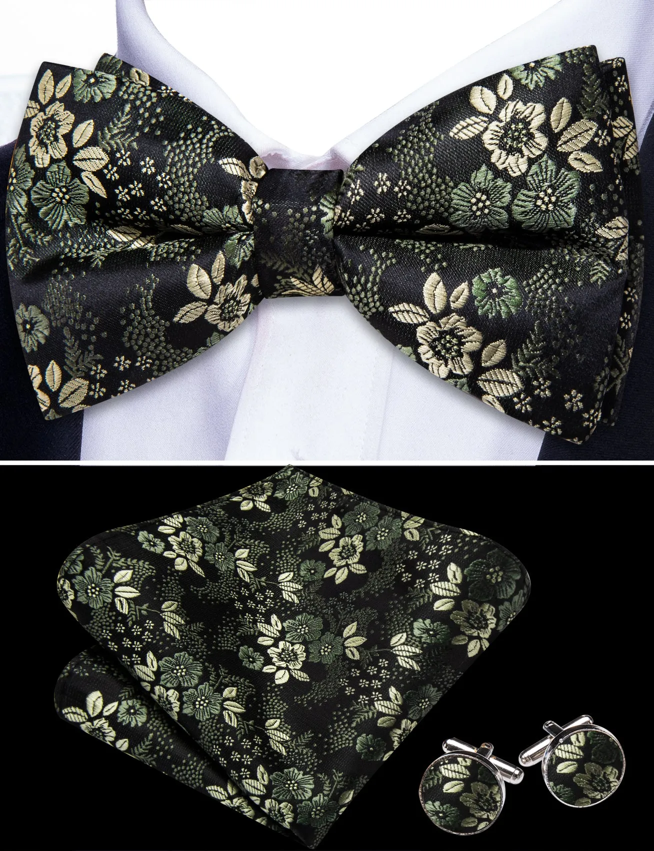 Barry. Wang Olive Greenish Floral Pre-tied Bow Tie Hanky Cufflinks Set sold by Barrywang product image thumbnail 2
