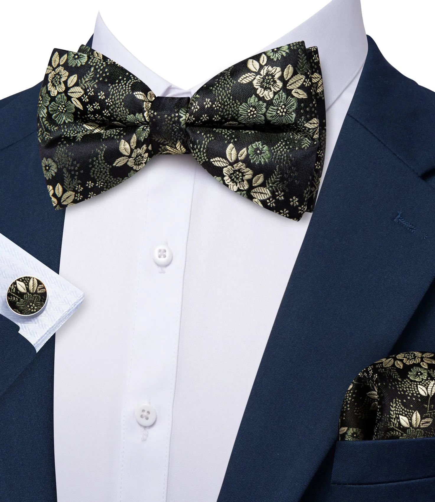 Barry. Wang Olive Greenish Floral Pre-tied Bow Tie Hanky Cufflinks Set sold by Barrywang product image thumbnail 3