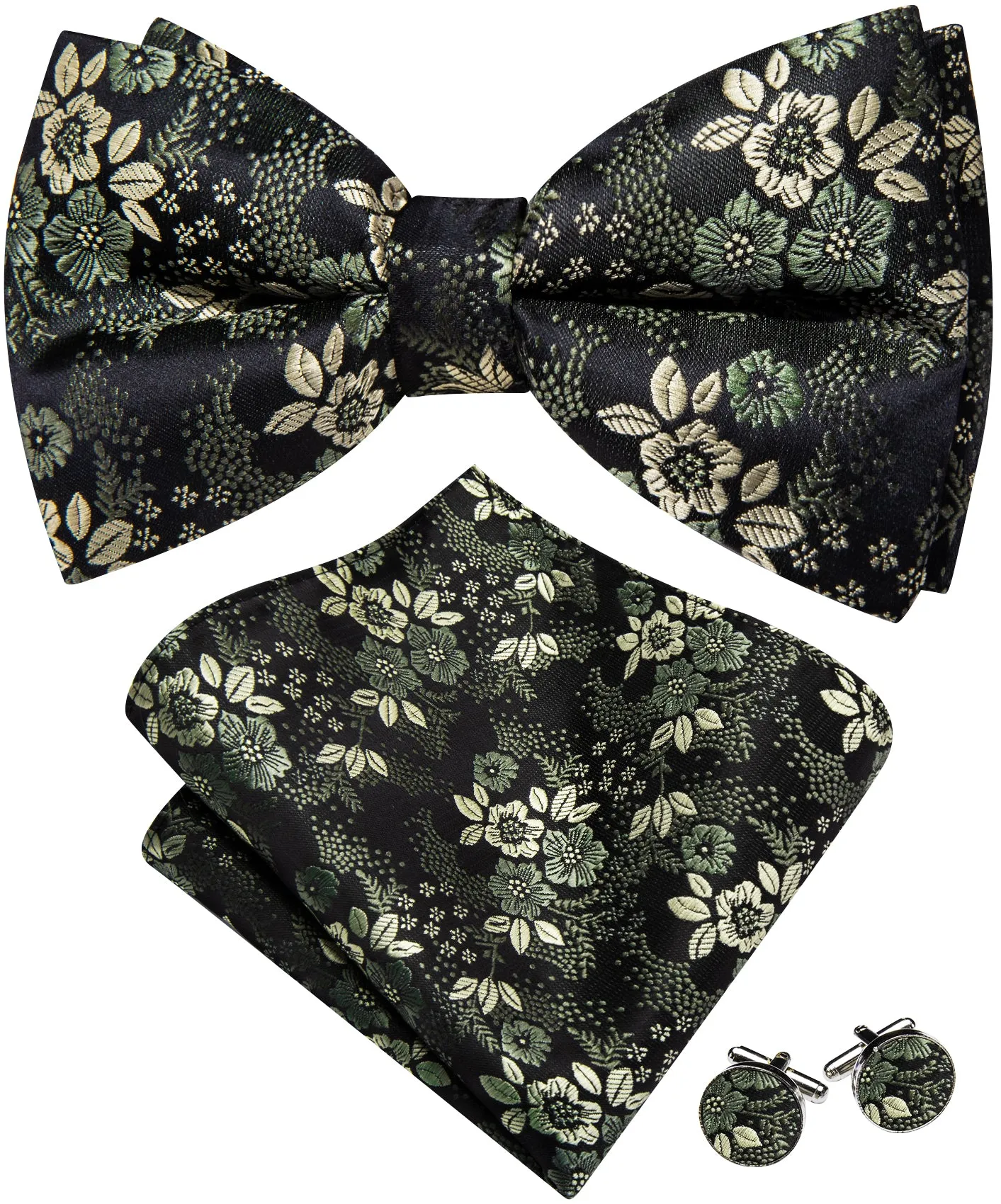 Barry. Wang Olive Greenish Floral Pre-tied Bow Tie Hanky Cufflinks Set sold by Barrywang product image thumbnail 4