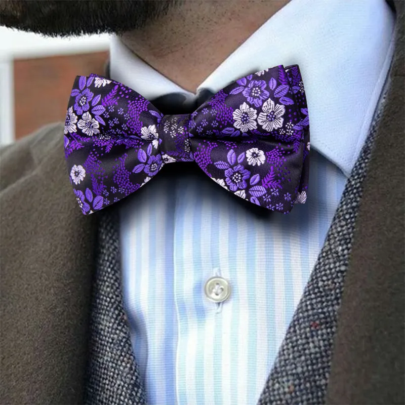 Barry. Wang Deep Violet Floral Pre-tied Bow Tie Hanky Cufflinks Set sold by Barrywang