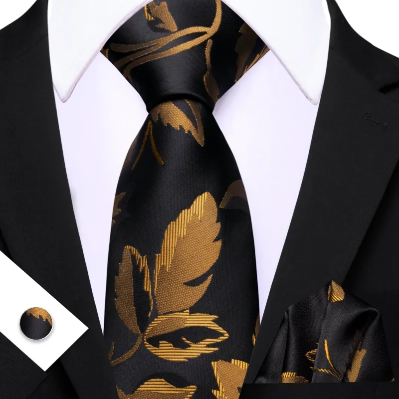 Barry. Wang Bronze Gold Leaf Floral Black Silk Men's Tie Handkerchief Cufflinks Set sold by Barrywang
