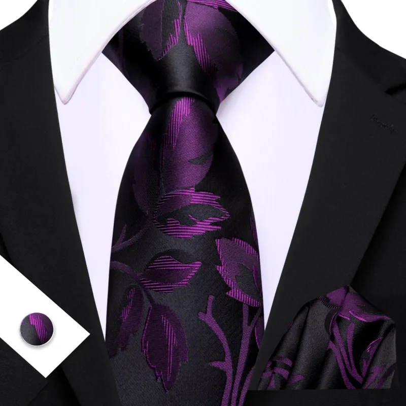 Barry. Wang Deep Purple Leaf Floral Black Silk Men's Tie Handkerchief Cufflinks Set sold by Barrywang