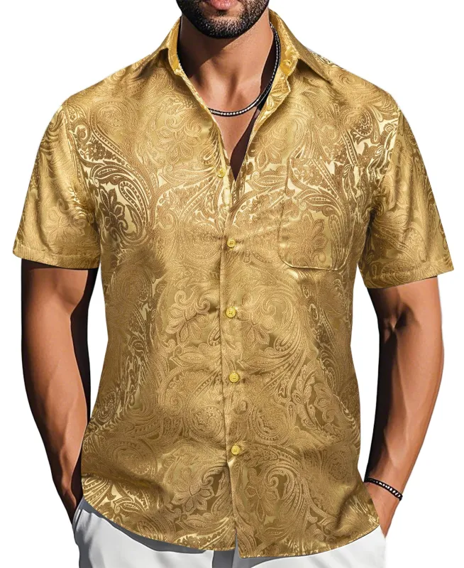 Barry. Wang Golden Paisley Jacquard Short Sleeve Button Down Shirt for Men sold by Barrywang